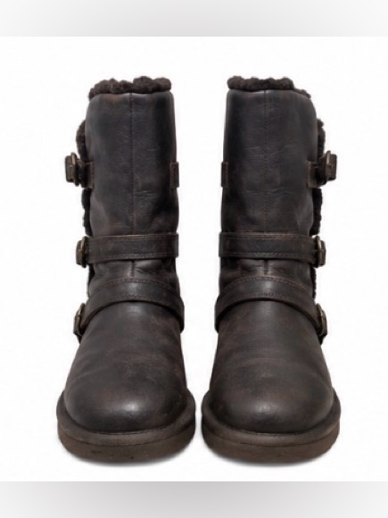 Ugg Australia Belcloud Triple Buckle Sheepskin Leather Mid-Calf Boots Brown